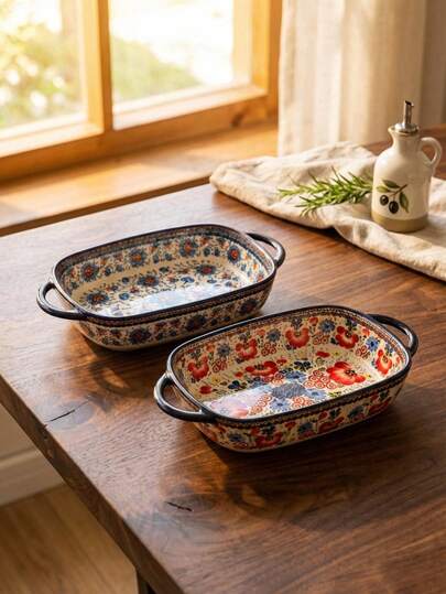 Cirelle 长方形陶瓷烤盘 - 手工制作，饰有花卉图案和双把手，可直接从烤箱端上餐桌，用于烘烤和盛放食物 (730毫升)