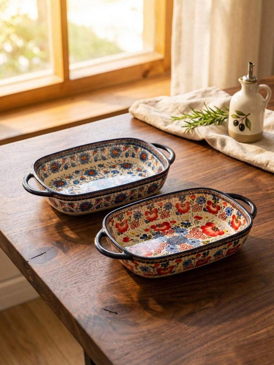 Rectangular Ceramic Baking Dish - Handcrafted With Floral Pattern & Dual Handles, Oven-To-Table Dish For Roasting & Serving (730ml) - Multicolor - View 1