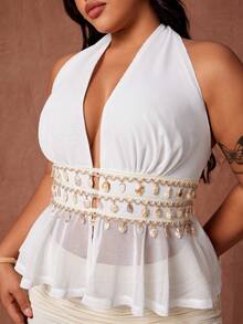 Rustia 大码女式新款V领贝壳蕾丝边露背短款上衣，优雅浪漫度假风，春夏款，无弹力纹理面料 - 白色 - 查看 8