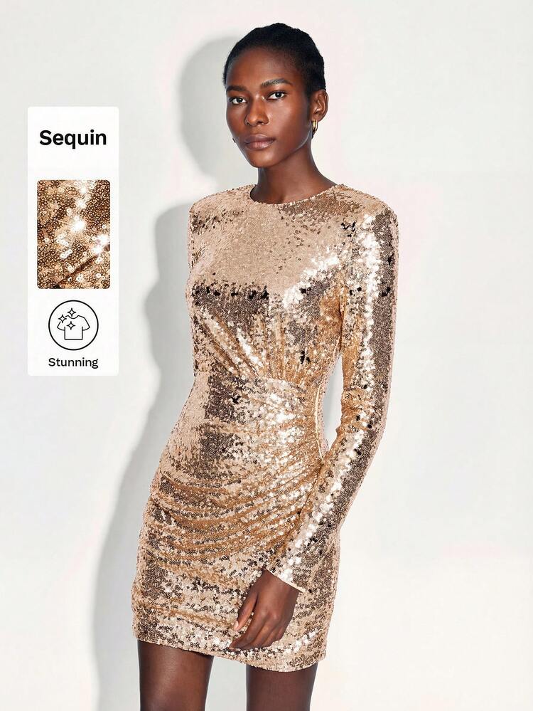 SHEIN Maija Burgundy Sequin Embellished Long Sleeve Fitted Mini Dress, Chic For Party And Gathering