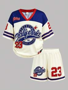 Tween Girls' Numeric Print V-Neck Loose T-Shirt And Shorts 2 Pieces Set, Casual Everyday Outfit - Multicolor - View 12