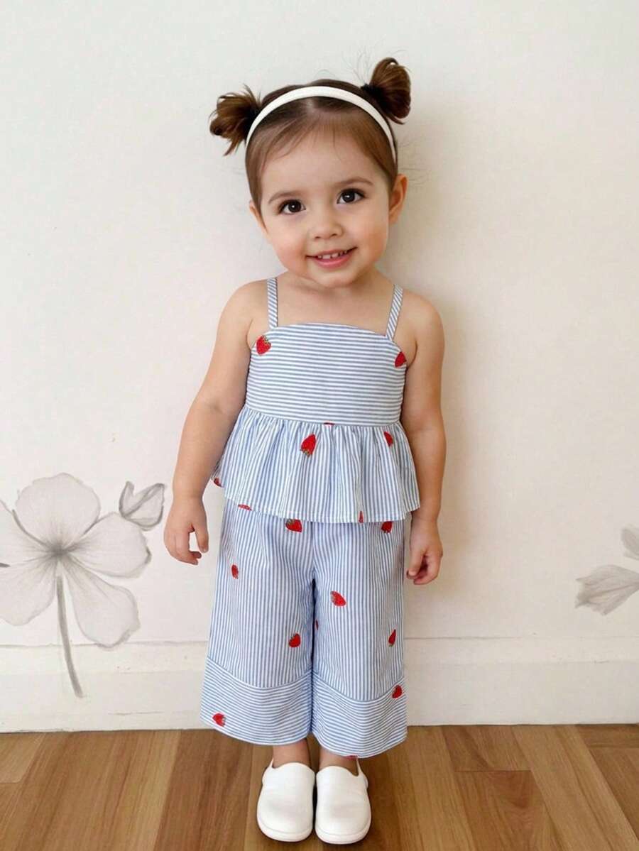 SHEIN 女婴休闲可爱度假条纹草莓印花吊带背心和松紧腰裤套装 - 彩色 - 查看 1