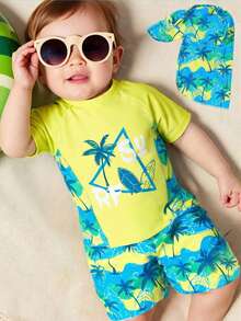 SHEIN 2pcs Baby Boy Casual Minimalist Summer Vacation Palm Tree Print Fitted Round Neck Short Sleeve Shorts Swimsuit Set,Suitable For Beach, Pool, Spring/Summer Summer Shorts - Multicolor - View 7