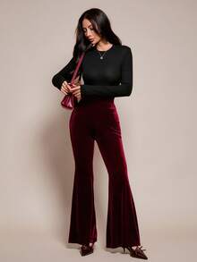 SHEIN PETITE Quần ống loe nữ cạp cao ôm dáng, thanh lịch, thời trang thường ngày, màu đỏ rượu vang, thích hợp cho mùa xuân hè, sân bay, trường học, công sở, mùa thu ấm áp, Giáng sinh, Năm mới, Lễ tình nhân. - Màu Đỏ Sâu - Xem 8