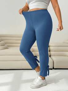 SHEIN PETITE CURVE 大码女式黑色休闲修身裤，饰有蝴蝶结和侧开衩，适合夏季、秋季、可爱场合、海滩度假、西部风情、乡村音乐会、校园、早午餐等。 - 藍色 - 查看 5
