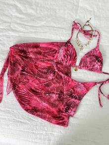 Swim Mod Women's Random Print Halter Metal Decor 3pcs Set: Bikini Top, Bikini Bottom, And Mini Skirt, Spring/Summer - Multicolor - View 3