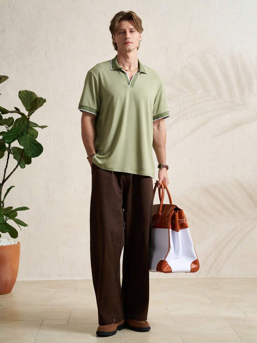 TONEVAULT 男士短袖V领Polo衫,撞色滚边 - 鼠尾草绿修身棉混纺面料 - 商务休闲日常通勤夏季舒适上衣 - 白色领口和袖口装饰 - 軍綠色 - 查看 1