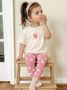 SHEIN Cream White & Pink, Sweet Minimalist Heart Pattern Print, Cute Deer Outfit, Baby Girl Casual Comfortable Soft Round Neck Short Sleeve T-Shirt And Leggings, Suitable For Spring/Summer Daily, Home, Vacation, Street, Party - Multicolor - View 6