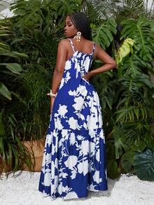 Slaydiva 夏季度假薄款吊带A字下摆长裙，绿色植物印花女装连衣裙，度假长裙，蓝白碎花连衣裙，热带风情长裙，游艇风长裙，无袖长裙，女士碎花连衣裙，女士夏季礼服，蓝白植物连衣裙 - 藍色 - 查看 3