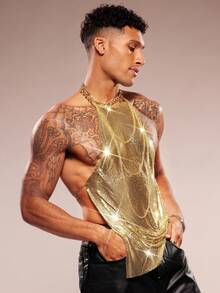 FeverCity Men's Casual Sexy Metal Chain Sleeveless Halter Neck Tank Top, Spring/Summer - Gold - View 1