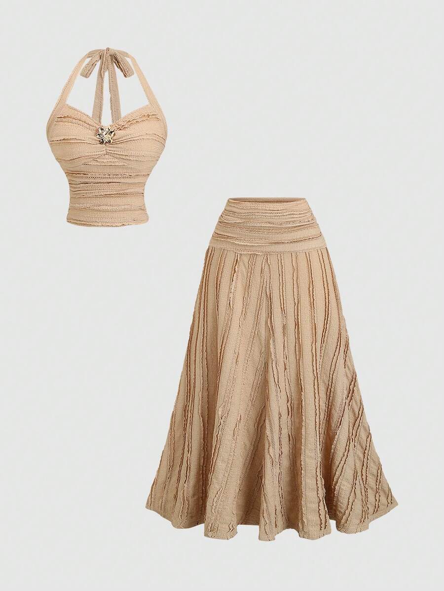 Sweetra Women's Khaki V-Neck Tie-Up Backless Camisole Top & Textured A-Line Skirt 2-Piece Set, Spring/Summer - Khaki - View 1