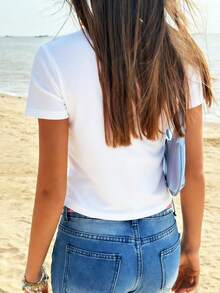 Sundraya Women's Casual Beach Vacation Handmade Beaded Faux Pearl Shell Graphic Short Sleeve White T-Shirt - White - View 2