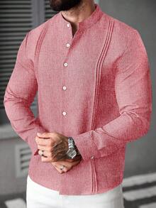 Manfinity CasualCool 男士纯色立领长袖纽扣休闲衬衫 - 中紫紅色 - 查看 3