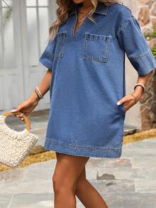 Breezaya 大码女式V领落肩短袖宽松休闲牛仔性感连衣裙 - 藍色 - 查看 5