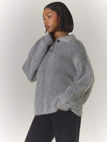 MUSERA Two Tone Mohair Knit Collar Oversized Button Detail Jumper Cool Girl, Streetstyle, Cute, , , Winter Spring - Black - View 4