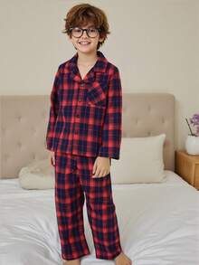 2 件男童休闲经典格子衬衫和裤子套装，长袖家居服 - 紅色 - 查看 4