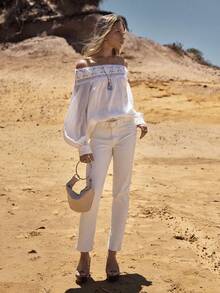 MOTF STUDIO 女士亚麻蕾丝钩边单肩衬衫