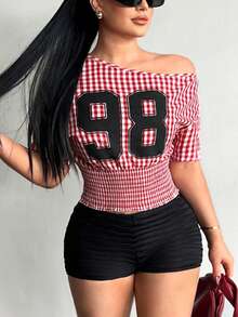 SHEIN SXY Asymmetric Collar Red & White Plaid Numeric Print Top,Carnival,Party,Rave Outfit ,Summer, Spring,Beach,Going Out,Y2K,Red , Plaid - Multicolor - View 1