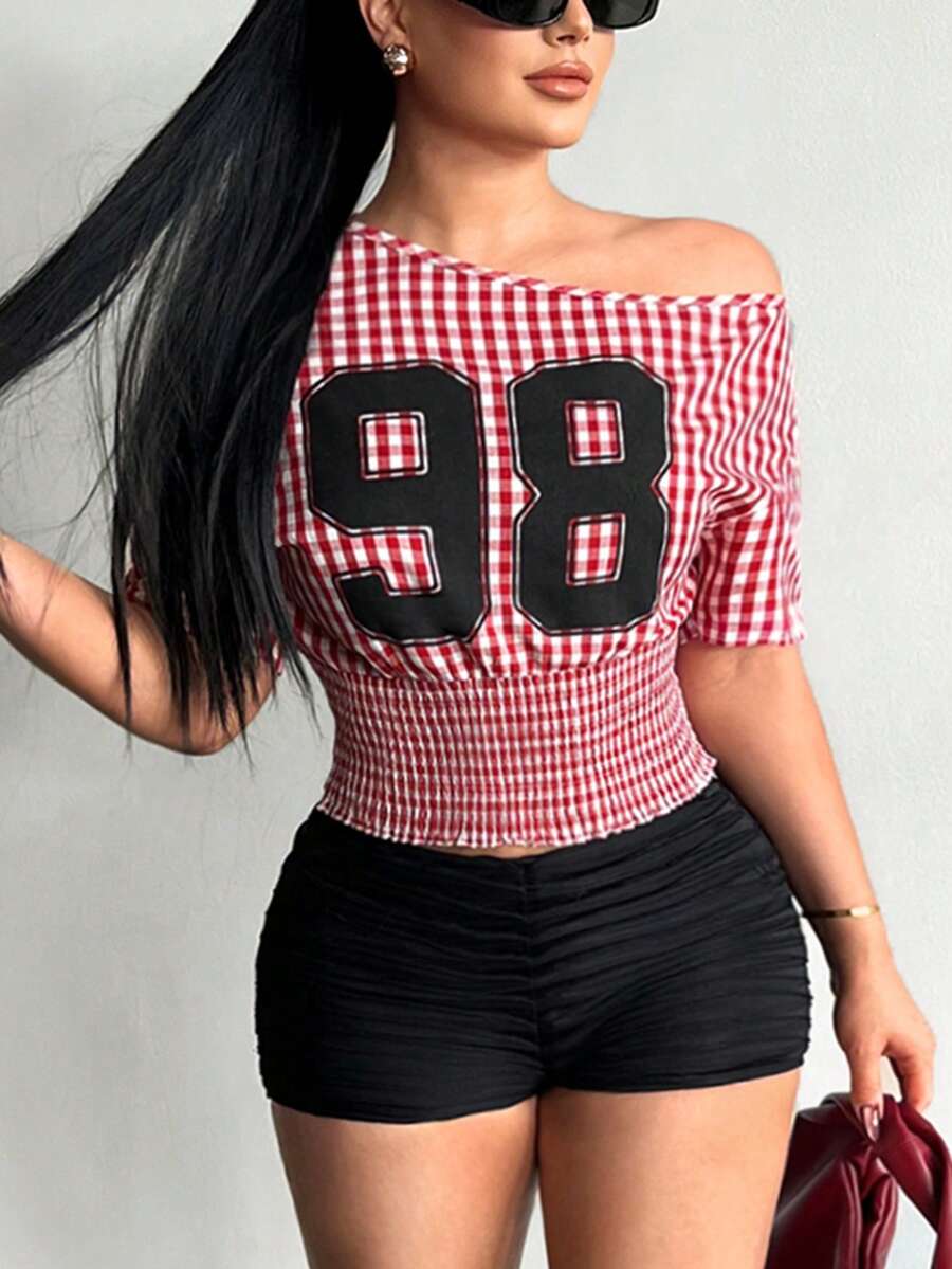 SHEIN SXY Asymmetric Collar Red & White Plaid Numeric Print Top,Carnival,Party,Rave Outfit ,Summer, Spring,Beach,Going Out,Y2K,Red , Plaid - Multicolor - View 1
