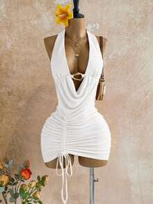 Soleia Women's Solid Color Plunging Neck Metal Decor Sexy Halter Mini Dress, Vacation - White - View 7