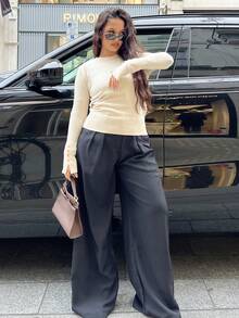 NegzBox 百搭圆领休闲百搭长袖针织汗衫 - 杏色 - 查看 5