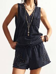 Bohemela Quần short nữ màu đen đính sao và sequin, kiểu dáng thường ngày cổ điển, cạp chun điều chỉnh được, thích hợp cho mùa hè. - màu đen - Xem 7