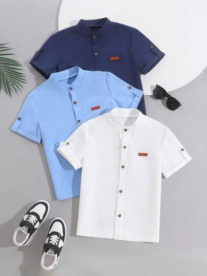 SHEIN Set de 3 camisas casuales de varios colores con cuello para niños, adecuadas para uso diario, viajes y vacaciones, de estilo minimalista y cómodas