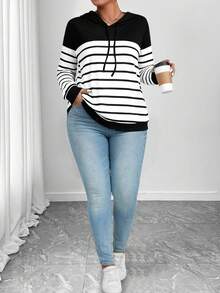 EMERY ROSE Plus Size Women Casual Hooded Striped Lightweight Sweatshirt - Black and White - View 5