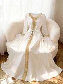 Elenzga Damen einfaches Glockenärmel-Kleid für den täglichen Gebrauch, Goldfarbe - Weiss - Übersicht 3