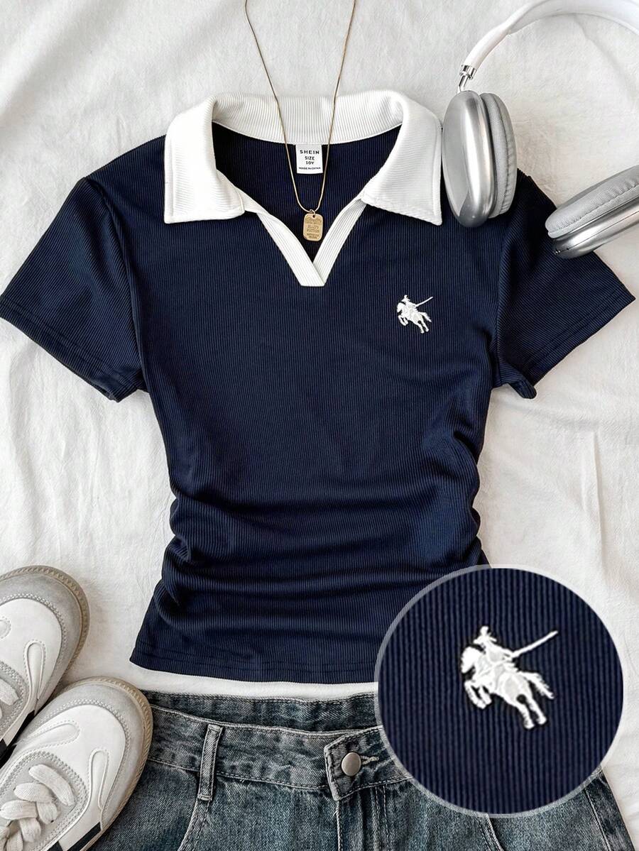 SHEIN Tween Girls' Navy Blue & White Collar Knit Casual Colorblock Fitted Crop Top With Small Logo Embroidery - Royal Blue - View 1