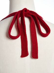 Franclia 早春浪漫情人节氛围V领露背系带修身3D立体花朵荷叶边针织连衣裙 - 紅色 - 查看 5