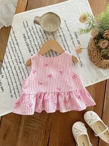 SHEIN Babygirl Cute Casual Vacation Pink & White Striped Bow Camisole - Multicolor - View 8