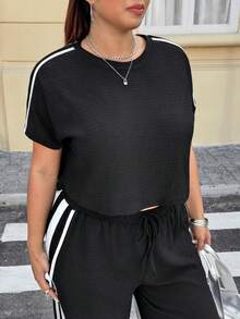 Muchica 大码女式撞色条纹上衣和裤子两件套，春夏款 - 黑色 - 查看 4