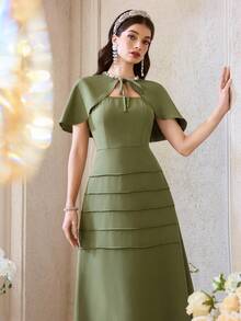 Modelyn 女士纯色简约日常披肩连衣裙两件套 - 橄欖綠 - 查看 6