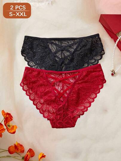 2pcs/Pack Elegant Sexy Solid Color Lace Hollow Out Panties
