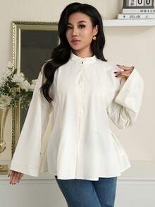 Modelyn Áo sơ mi dài tay nữ màu trơn xếp ly, kiểu dáng thường ngày, đa năng. - Màu be - Xem 2