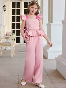 SHEIN Bộ đồ đôi cho bé gái tuổi teen, gồm áo không tay dệt kim khoét eo, lưng nơ và quần ống rộng xếp ly, thích hợp cho tiệc sinh nhật, lễ tốt nghiệp và khiêu vũ. - Hồng - Xem 4