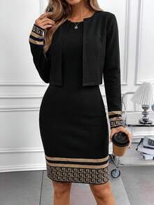 SHEIN Clasi Women's Round Neck Sleeveless Cinched Waist Elastic Knit Geometric Print Long Sleeve Cardigan, Elegant For Daily Wear And Commute, Autumn/Winter 2-Piece Set Women's Sets Plaid Print Black, Work Suit, Office Attire - Black and White - View 1