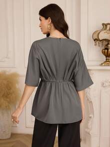 Modelyn Women's Solid Color Casual Stylish Multi-Layer Ruched Batwing Sleeve Deep V Loose Blouse - Grey - View 2