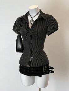 Jeanoix Women's Retro Striped Fabric Y2K Style Fitted Office Shirt - Black and White - View 3