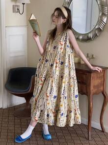 DAZY 少女碎花层叠下摆无袖宽松度假连衣裙，夏季 - 卡其色 - 查看 3