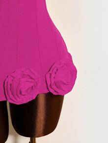 Mistrie Women's Solid Color Contrast Lace Deep V-Neck Floral Decor Sexy Halter Dress - Hot Pink - View 5