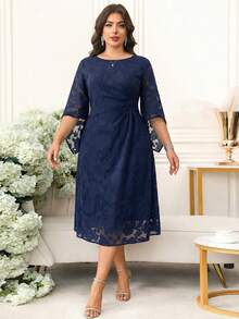 Reflora 大码女式圆领提花腰部褶皱优雅连衣裙 - 藏蓝色 - 查看 9