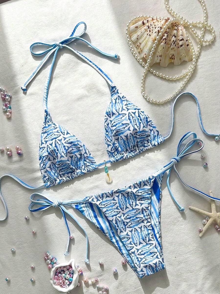 Swim Mod Springbreak Women's Random Print Halter Seashell Pendant Sexy Bikini Swimsuit Set, Summer Beachwear - Multicolor - View 1