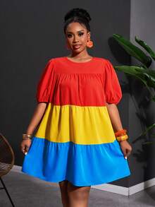 Slaydiva 春夏新品，适合音乐节、复活节、圣帕特里克节、西部风、游牧风、生日派对、毕业典礼、学生装、日常休闲、百搭基础款、休闲度假、邮轮旅行、海滩、日光浴、爆款大码、度假休闲风、纯色条纹拼接、荷叶边下摆宽松短袖A字迷你连衣裙，多色可选 - 彩色 - 查看 12