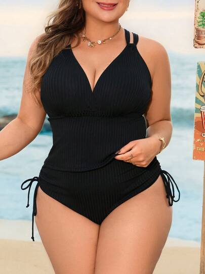Swim Lushoire Plus Size 2-Piece Knit Ribbed Fabric Top With Drawstring Shoulder Strap And High Waist Drawstring Pants, Slimming Mature Style Tankini