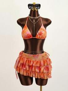 Bellisia Women's 3-Piece Floral Print Sexy Spaghetti Strap V-Neck Halter Bikini Top, Tie Side Triangle Bottoms, And Ruffle Hem Skirt Swimsuit Set, Summer - Multicolor - View 7