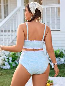 Swim Mod Plus Size 2pcs Floral Print Bandeau Bikini Set With Detachable Straps And High-Waisted Bottoms, Suitable For Summer Beach Vacation - Blue and White - View 2