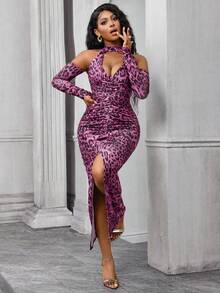 Lureya Women's Pink Leopard Print 2 Piece Set,Deep V-Neck Halter Backless Bodycon Ruched Slit Dress For Club Night,Rave,Techno,Autumn Party Elegant Clothing - Multicolor - View 7