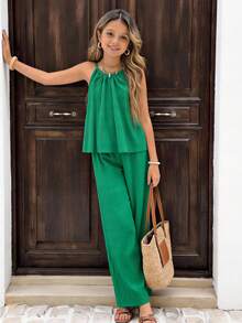 SHEIN 女童无袖上衣和阔腿裤两件套，露背纽扣设计，梭织面料，修身上衣搭配宽松舒适的直筒裤，适合户外穿着。